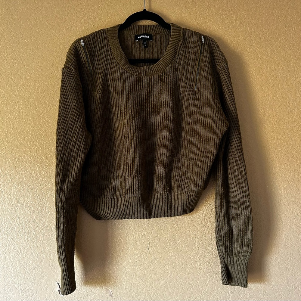 Express Women’s Olive Sweater with Zipper Accent Shoulders - Size Small
